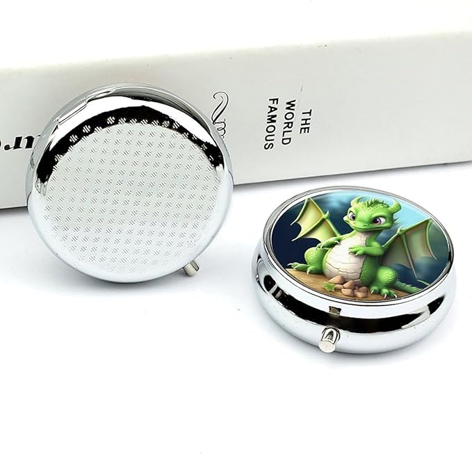 Dragon Cute Pill Box Travel Pill Case for Purse Pocket Weekly Medicine Organizer with Mirror 3 Compartment Round Medicine Case Portable PillcaseHolder for Daily