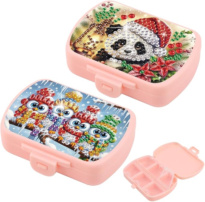 C'eitura 2pcs DIY Panda & Owl Diamond Art Painting Pink Pill Organizer with 6 Lid Detachable Compartments, Fun DIY Craft Project for Adults, Elegant Pill Case for Purse & Travel