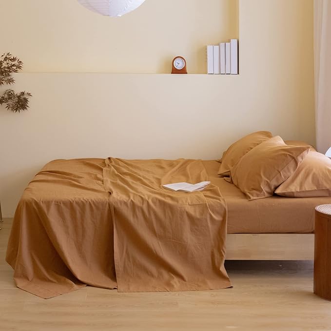 Simple&Opulence Belgian Linen Sheet Set Solid Color - 6 Pieces (1 Flat Sheet & 1 Fitted Sheet & 4 Pillowcases) 16" Deep Pocket Natural Flax Cotton Blended Soft Bedding - Rust, King Size