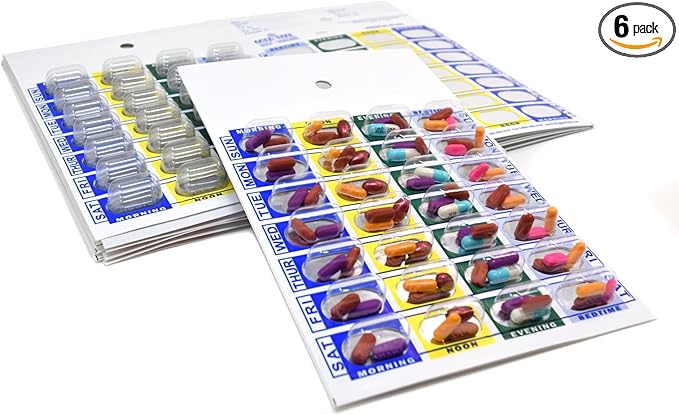Medi-Aid 4 Times a Day Weekly Cold Seal Medication Blister Pack System Cards - One Piece Unit Dose Book Fold, Easy No Extra Equipment Needed, Just Fill and Seal, 24 Compartments, 6 Pack