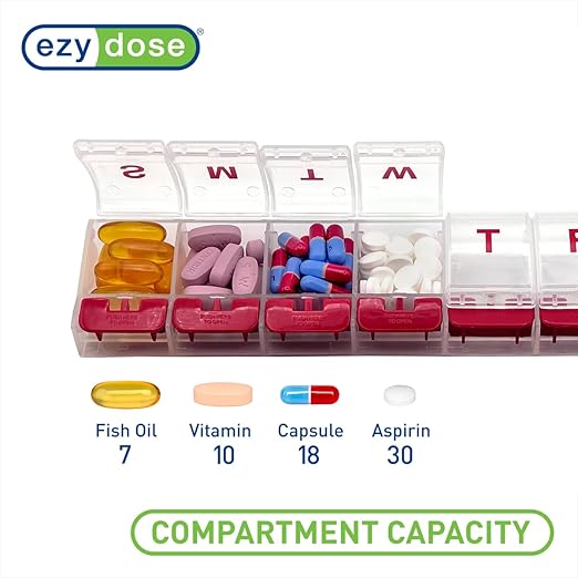 EZY DOSE Weekly (7-Day) AM/PM Daily Pill Organizer, Vitamin Case, and Medicine Container, X-Large Compartments, Arthritis Friendly, Convenient with Effortless Portability, Clear/Red Lids, BPA Free