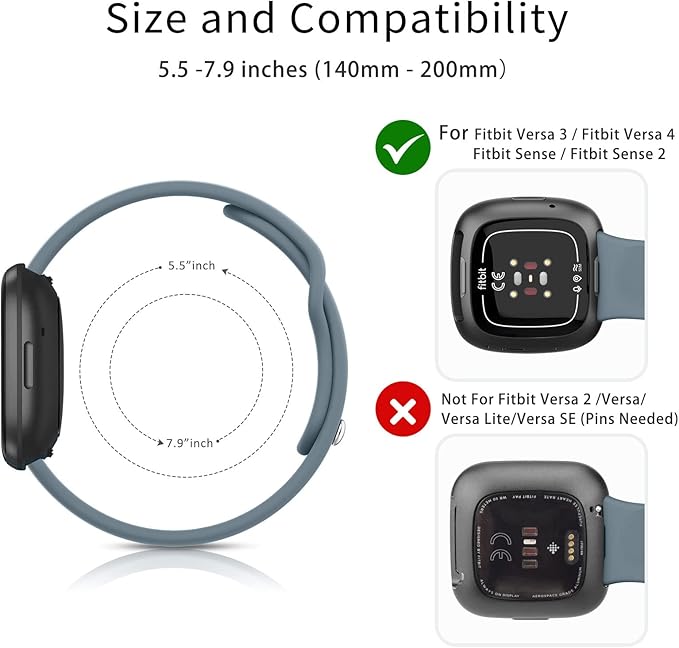 AK Silicone Bands Compatible with Fitbit Versa & Sense, Soft Straps Replacement Wristbands for Women & Men (Blue Gray)