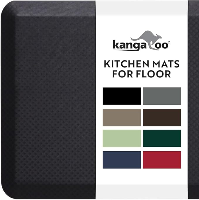 KANGAROO Thick Ergonomic Anti Fatigue Mats for Kitchen Floor, 48x20, Cushioned Standing Office Desk Mat, Waterproof Scratch Resistant Topside, Supportive All Day Comfort Padded Foam Rugs, Black