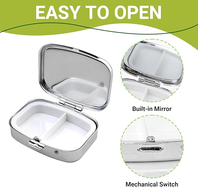 Custom Pill Box Organizer Travel With Photo,Logo,Text Personalized Metal Medicine Pill Case Waterproof Tablet Vitamin Holder Organizer for Purse Pocket Travel Gifts with Mirror&Key Rings 2 Compartment