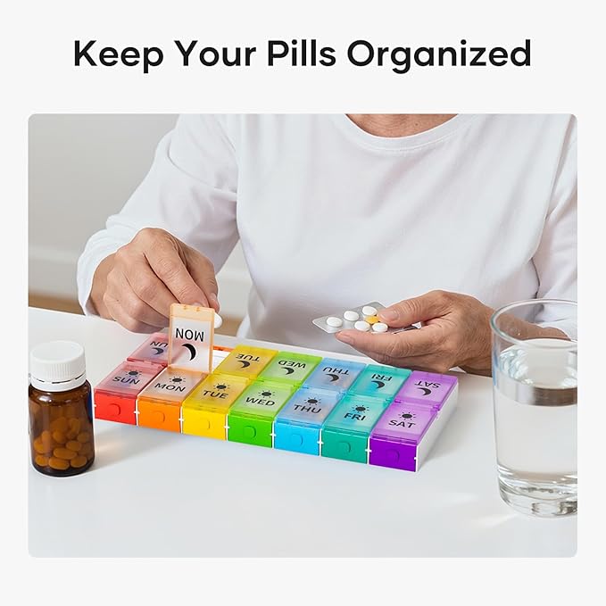 Push Button Weekly Pill Organizer 2 Times a Day, Medicine Pill Organizer with Labels, Pill Box Case 7 Day AM PM BPA-Free, Pill Container for Vitamins, Fish Oil, Supplements and Medication