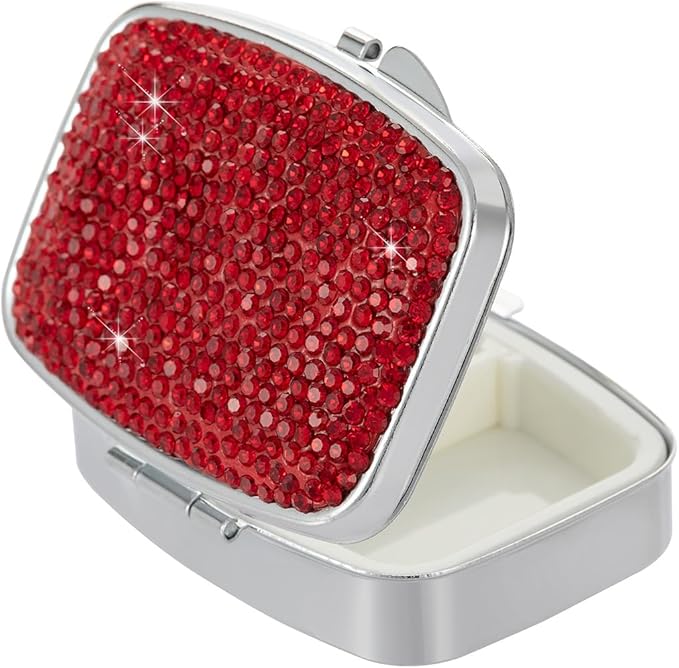 Pocket Pharmacy Bling 2 Compartment Medicine Organizer Small Cute Pill Container Travel Pill Box Case for Purse Square Vitamin Holder for Pocket(Red)