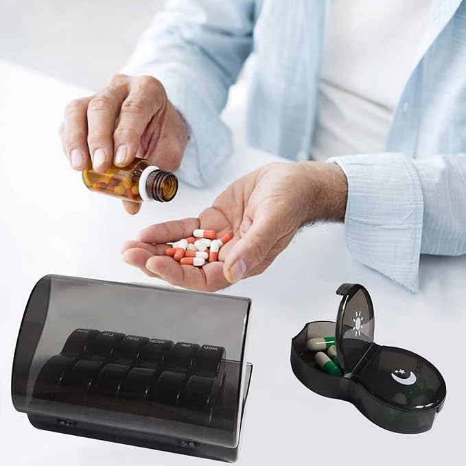 Weekly Pill Organizer 2 Time a Day，Pill Dispensers， Pill Box 7 Day with One-Side Large Opening Design for Easy Filling ，2 Times a Day AM/PM Pill Case, for Vitamins/Fish Oils (Black)