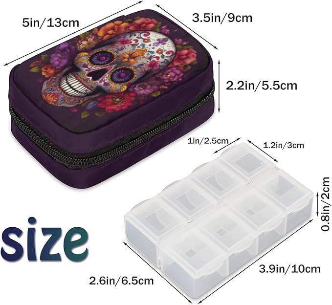 Flower Skull Mexican Gothin Pill Box Small Pill Travel Organizer 7 Day Weekly Medicine Pill Case Cute Compact Size Vitamin Container Pill Bottle Portable Pill Holder Bag with Zipper