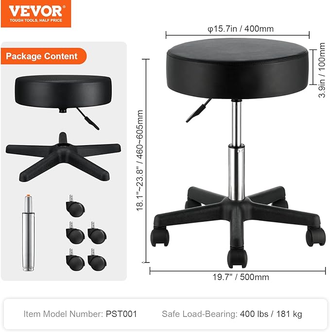 VEVOR Rolling Stools with Wheels, 400 LBS Weight Capacity Adjustable Height Stool with Ultra-Thick Seat Cushion, Swivel Stools Chair for Salon, Bar, Home, Office, Tatoo, Medical, Massage, Black