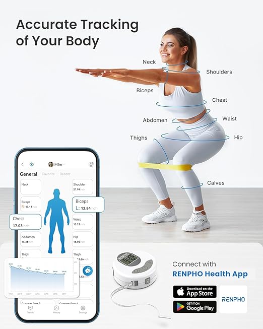 RENPHO Body Measuring Tape, Bluetooth Smart Tape Measure with Lock Hook & Retractable Function, Accurate Body Fat Measurement Device for Weight Loss, Muscle Gain, Fitness Bodybuilding, 60in /150cm