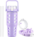 MUKOKO 32 oz Glass Tumbler with Straw,Glass Water Bottles with Time Marker,Iced Coffee Cup with Silicone Sleeve,Motivational Drinking Bottles,Leakproof-Purple