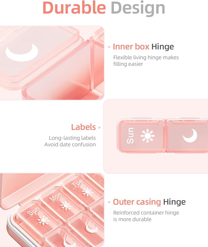 Betife AM PM Pill Organizer 2 Times A Day, 7 Day Pill Box Weekly Pill Organizer Travel with Separate Container, Portable Daily Medicine Planner Dispenser Case for Vitamin, Fish Oils, Supplements