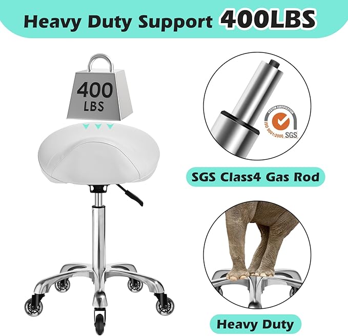 Ergonomic Saddle Stool with wheels - Upgraded Thicker Leather Seat Cushion, Healthy Posture Correction, Silky Smooth Gliding, Adjustable Rolling Saddle Stool Chair for Salon Medical Massage, White