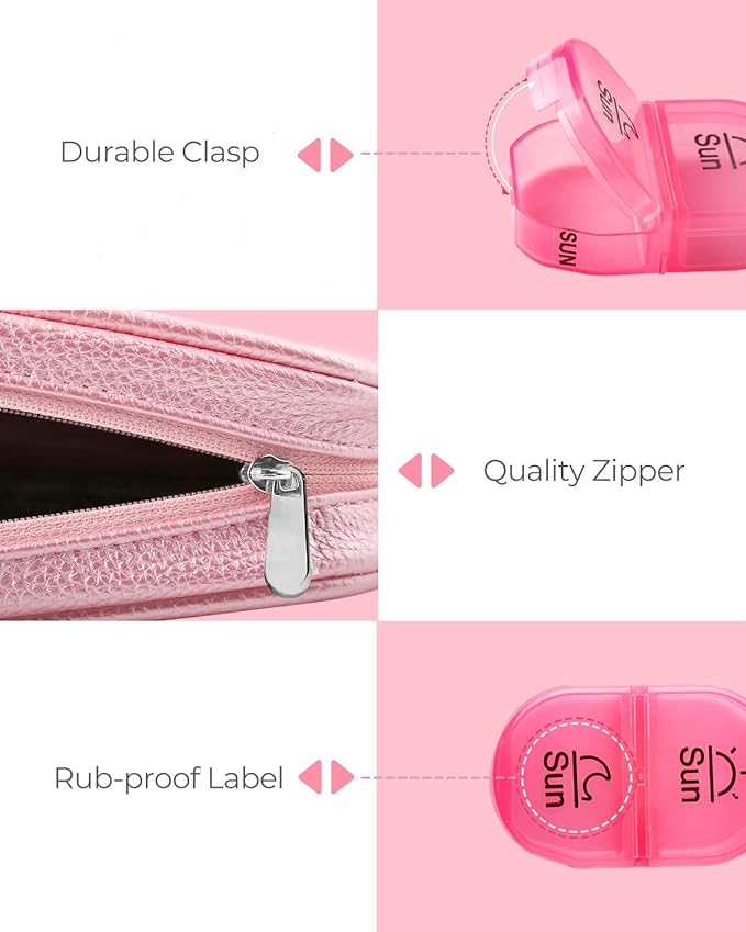 Cute Pill Organizer 2 Times a Day, PU Leather Pill Case for Women, Portable Weekly Pill Box for Purse with Storage Bag to Hold Vitamins, Medications, Fish Oils, Supplements (Pink)
