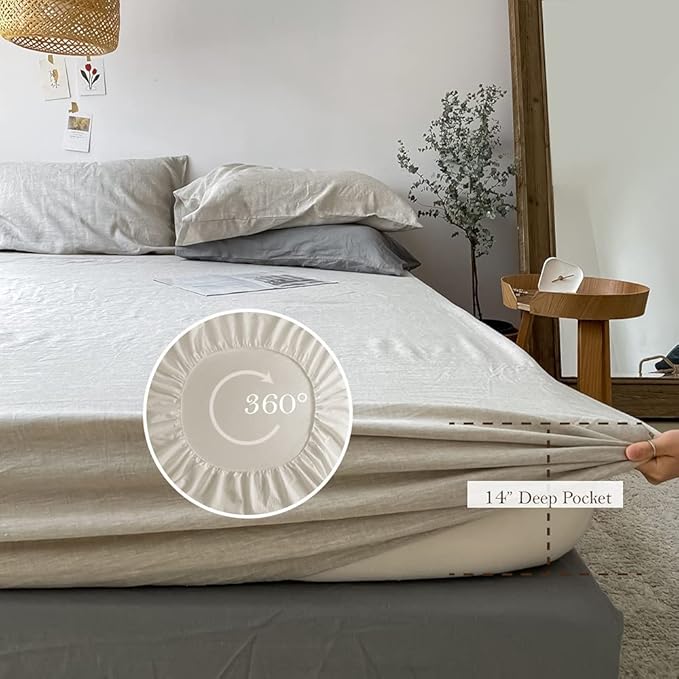 Simple&Opulence Washed Linen Bed Sheet Set Basic Style 4 Pieces (1 Flat Sheet & 1 Fitted Sheet & 2 Pillowcases) 100% Natural French Flax Soft Breathable Farmhouse Bedding (King, Linen)