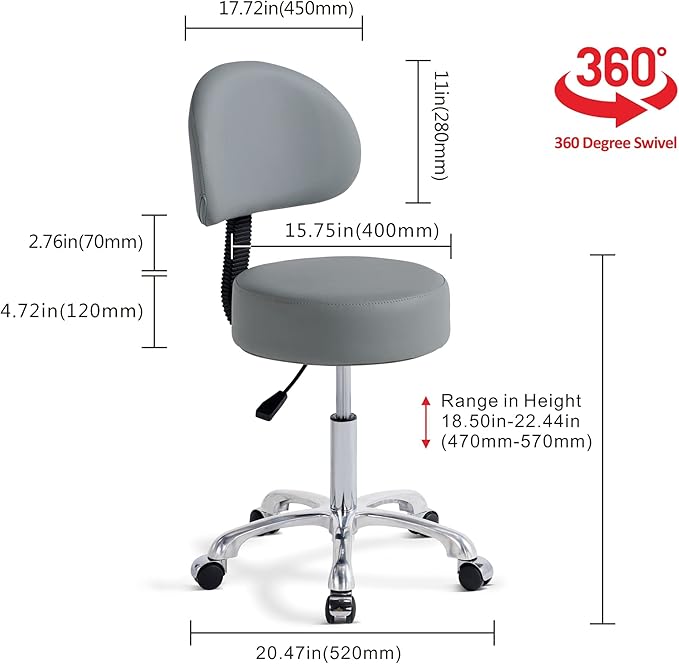 Thick Sturdy Padding with Wheels and Back Support,Swivel Rolling Stool Round Chair,Adjustable Stool for Doctor,Medical,Massage Salon,Office(with Back,Gray