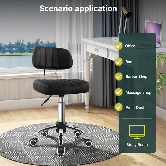 Black Square Swivel Stool with Wheel for Work SPA Shop Massage Height-Adjustable and Cost-Effective Rolling Stool Chair with Back