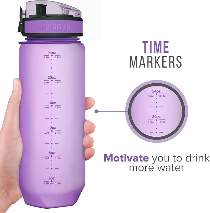 Embrava 24 oz Water Bottle with Time Marker - BPA Free Motivational Sports Bottle - Leak Proof Flip Top Lightweight Tritan Plastic - Gym School Office Hiking - Time Marked Water Bottles for Women Men