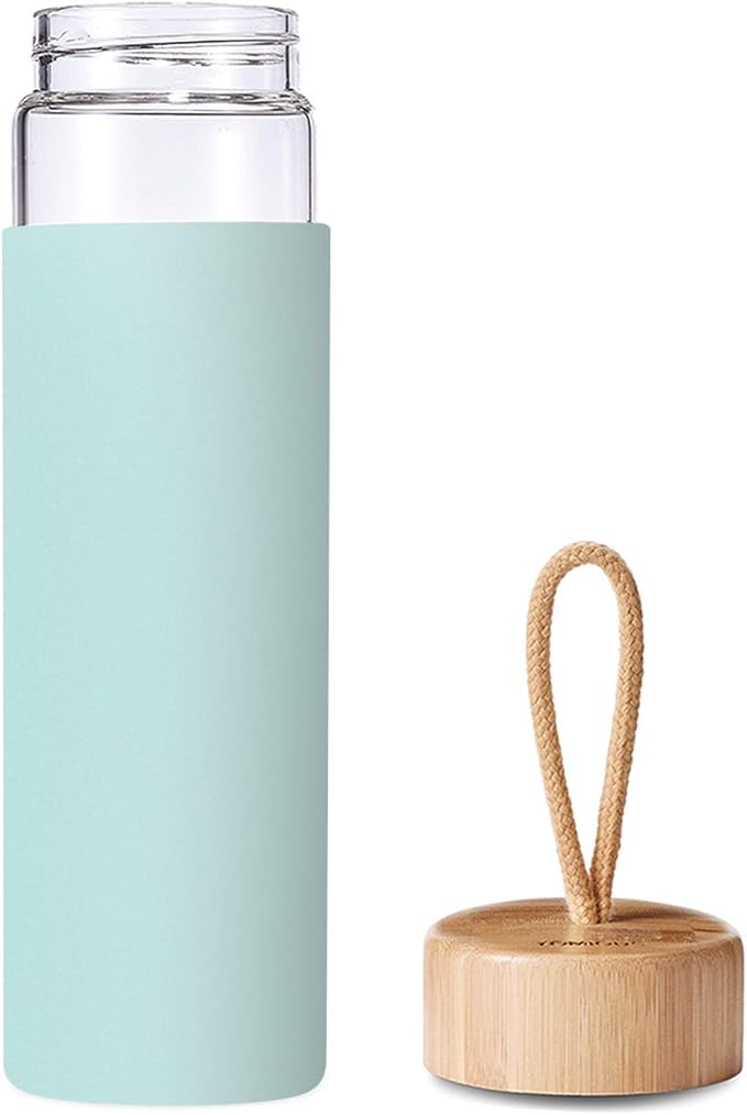 20 Oz Borosilicate Glass Water Bottles with Silicone Sleeve BPA Free, Dishwasher Safe - Reusable Clear Glass Drinking with Leak Proof Bamboo Lid | Perfect Gym Water Bottles for Men & Women