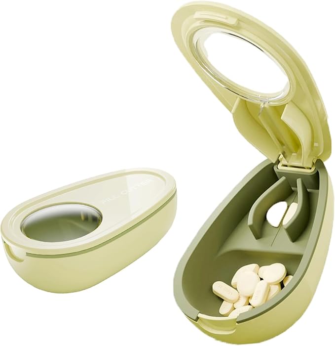 Avocado-Shaped Pill Cutter, Splitter for Small & Large Pills, 2-Compartment, Green, 1 Count