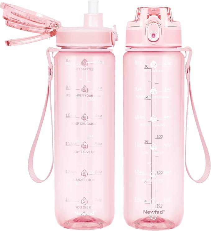 32 oz Water Bottle with Detachable Straw, Clear Motivational Water Bottles with Time to Drink, Tritan & BPA Free Sports Water Jug with Time Marker, Upgraded handle design