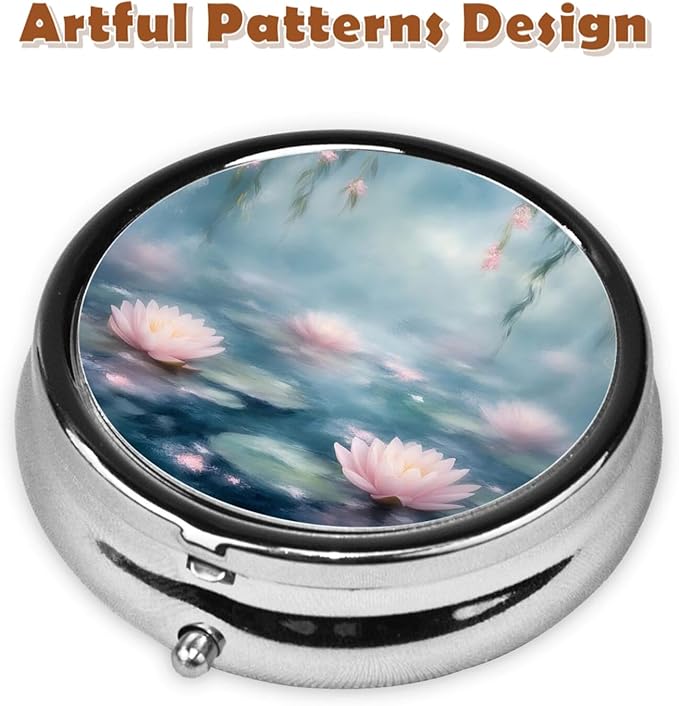 Metal Pill Organizer - 3-Compartment Mini Round Pill Case for Pocket & Purse, Portable Vitamin Holder, Easy-Open Design for Travel - Water Lily Art