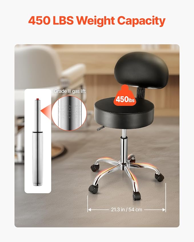 VEVOR 450 LBS Weight Capacity Round Rolling Stool Chair, Height Adjustable Thickened PU Leather Swivel Stool for Salon, Spa, Massage, Tattoo, Clinic, Black