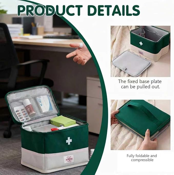 Travel Medicine Bag Organizer, Portable Medical Bag Empty, for Home, Travel, Camping, Car, Hiking & Outdoor Emergencies, Empty first aid box (Green)