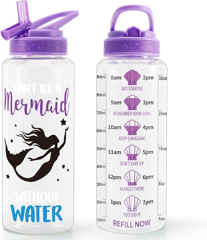 Home Tune 32oz Motivational Water Bottle with Straw & Time Marker, BPA FREE, Dustproof Flip Straw, Leak Proof, Easy Clean (Mermaid)
