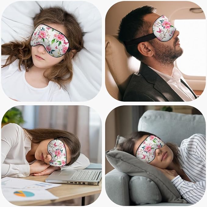 Pink Cherry Eye Mask Sleeping Mask Flower Peony Plum Branches Flying Butterflies Sleep Masks Silky Soft Eye Cover for Women Men Shading Blindfold for Air Travel Sleeping