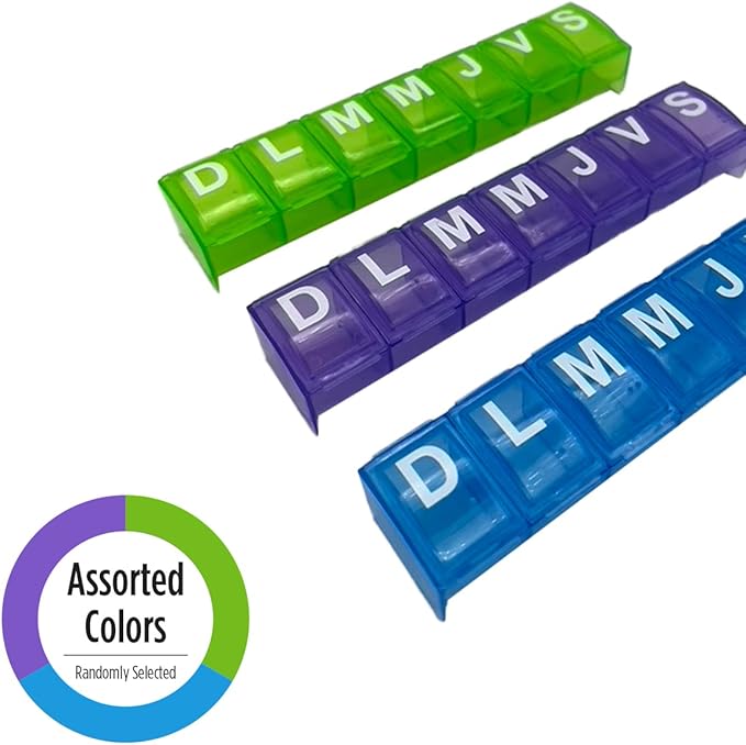 EZY DOSE Weekly (7-Day) Pill Organizer, Vitamin Planner and Medicine Box, Large Contoured Compartments for Easy Pill Removal, Color May Vary, Spanish Imprints