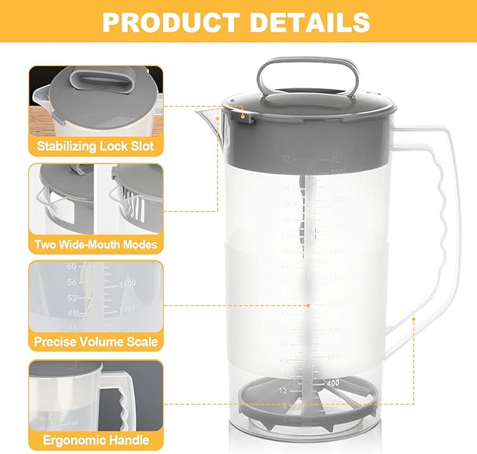 Mixing Pitcher for Drinks, 2 Quart/ 64oz Plastic Water Pitcher with Lid, Angled Plastic Blades and Adjustable Mixer Plunger for Juice, Powdered Milk, Beverage Container (One)