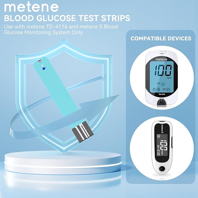 Metene TD-4116 Blood Glucose Test Strips, 200 Count Test Strips for Diabetes, Use with metene TD-4116 and metene S Blood Glucose Monitor Only(No Monitor)