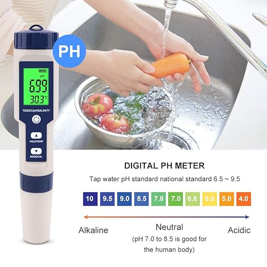 PH Meter for Water 5 in 1 PH Temp TDS and EC Meter,Salinity Meter,PH Tester Digital,TDS Meter Digital Water Tester&Pool Salt Tester for Swimming Pool.