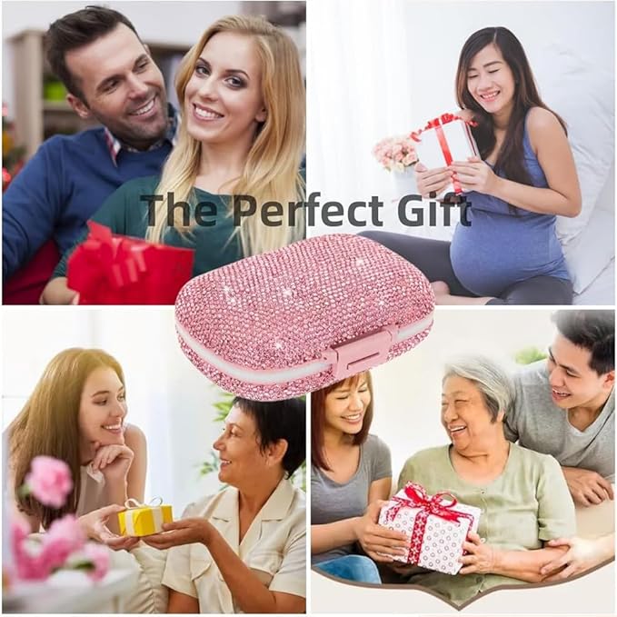 Daily 6 Compartments Pill Box Container Bling Diamond for Purse Medicine Container Holder for Women Travel Kit Medicine (Pink)