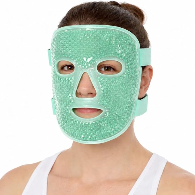 Cooling Green Ice Face & Eye Mask Combo Pack – Reusable Hot & Cold Gel Pack with Soft Plush Backing for Puffiness, Dark Circles, Sinus Pressure & Relaxation