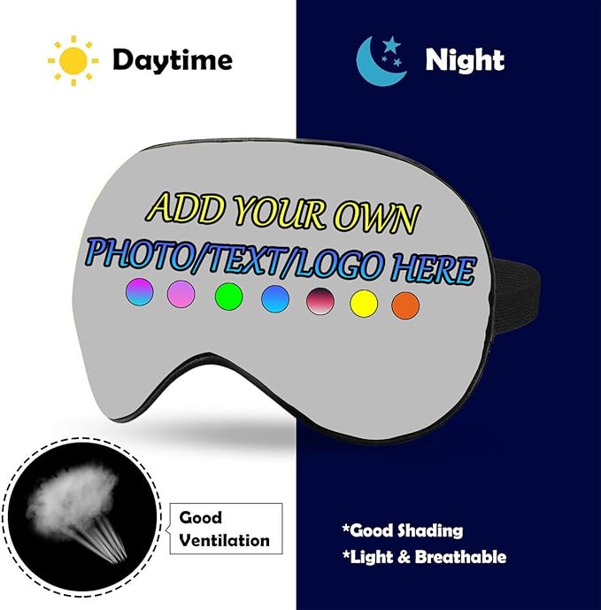 Personalized Eye Mask, Custom Eyeshade Blindfold Add Your Design Image Text Customized Eye Cover with Adjustable Strap for Sleeping Travel Work Naps Blocks Light, Light Gray