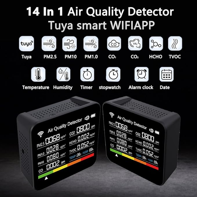 14-in-1 Air Quality Monitor, Indoor Temperature Sensors, Detect PM2.5/PM1.0/PM10/CO2/CO/TVOC/HCHO/Temperature/Humidity, Air Quality Meter for RV Home Office School Hotel