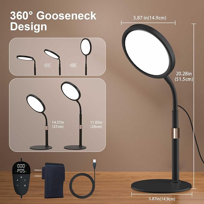 Light Therapy Lamp, UV-Free 10000 Lux Light Therapy Desk Lamp with 360° Gooseneck & 9 Brightness Happy Therapy Light for Lift Mood