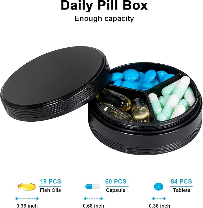Metal Pill Case 3 Compartment - Waterproof Pocket Purse Pill Box Aluminium Travel Pill Container Medicine Organizer Portable Daily Pill Holder for Vitamins Medication Fish Oils