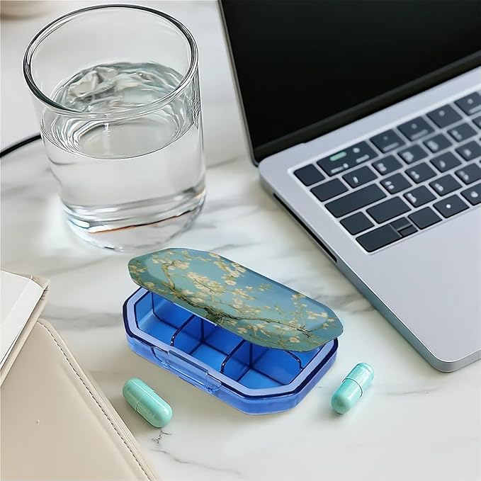 This Portable Almond Blossoms Pattern 6 Compartment Pill Box Can Be Placed in A Pocket Or Wallet to Store Vitamins, Medicines Health Supplements Other Medications.
