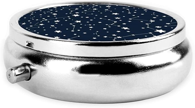Round Pill Organizer, Portable Travel Pill Case, Purse Pill Box Hold for Pills, Jewelry, Beads, Paper Clips, Constellation Galaxy Starry Night Stars Glow in The Dark Midnight