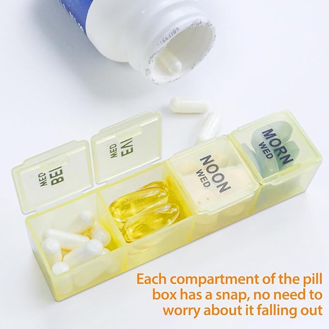 4Pack Weekly Pill Organizer 4 Times a Day, 7-Day Pill Boxes, Monthly Medication Organizer 28 Days Portable Compartments & Moisture-Proof Outer Case for Vitamins, Fish Oils, Supplements (Black)