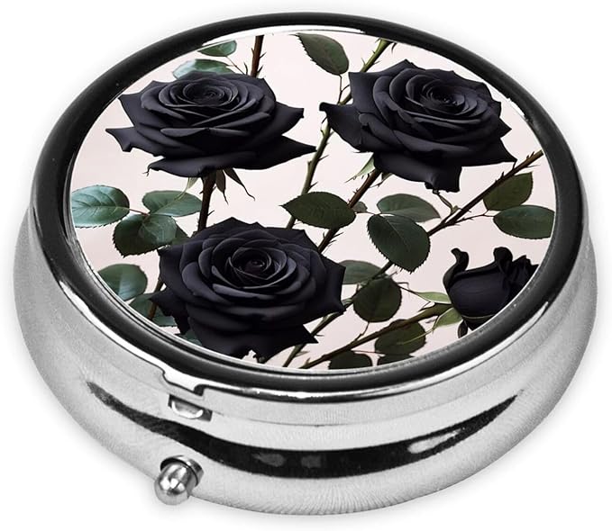 ZhongGuo Gothic Black Roses Printed Pill Organizer,Round Travel Pill Organizer Mini Medicine Pill Box for Purse Iron Plating