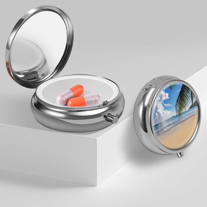 Mini Pill Box, Small Pill Box, Portable Pill Box, Cute Pill Organizer for Vitamins, Medications, Fish Oil and Supplements (Sandy Shore)