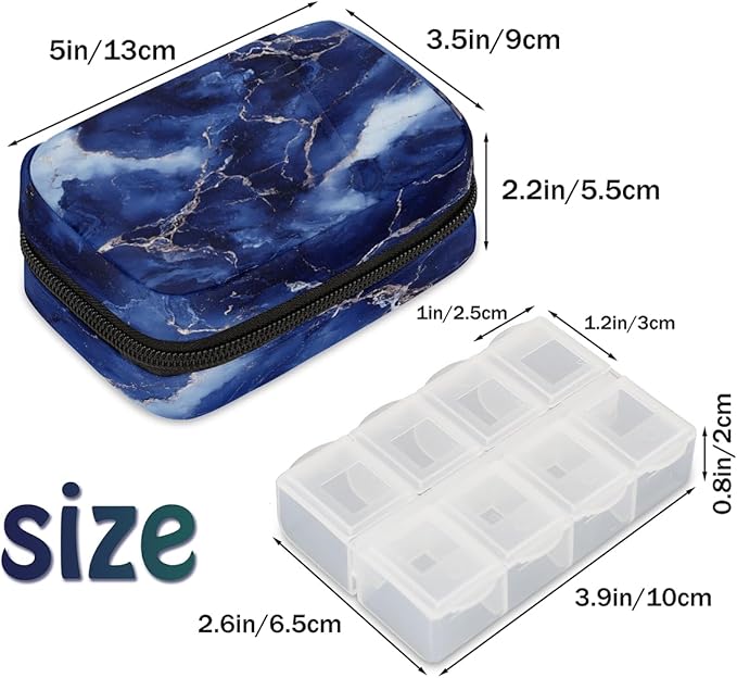 Royal Blue Modern Marble Travel Pill Organizer Box Weekly Portable Pill Case Daily Pills 7 Day Small Birth Control Pills Container Removable Compartments for Medicine Vitamins Fish Oil