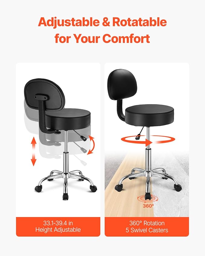 VEVOR 450 LBS Weight Capacity Round Rolling Stool Chair, Height Adjustable Thickened PU Leather Swivel Stool for Salon, Spa, Massage, Tattoo, Clinic, Black