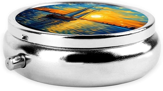 Sunset Sailboat Pill Box 3 Compartment Pill Case, Portable Medicine Pill Organizer for Pocket Purse Pill Box Decorative Metal Medicine Vitamin Organizer
