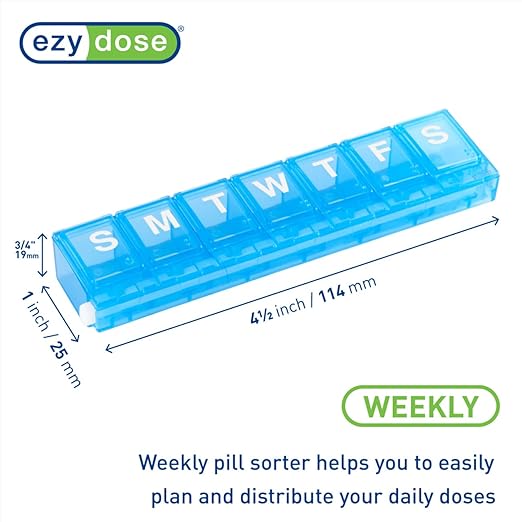 EZY DOSE Weekly (7-Day) Pill Case, Medicine Planner, Vitamin Organizer, Small Locking Compartments to Secure Prescription Medication and Prevent Accidental Spilling, Color May Vary, BPA Free
