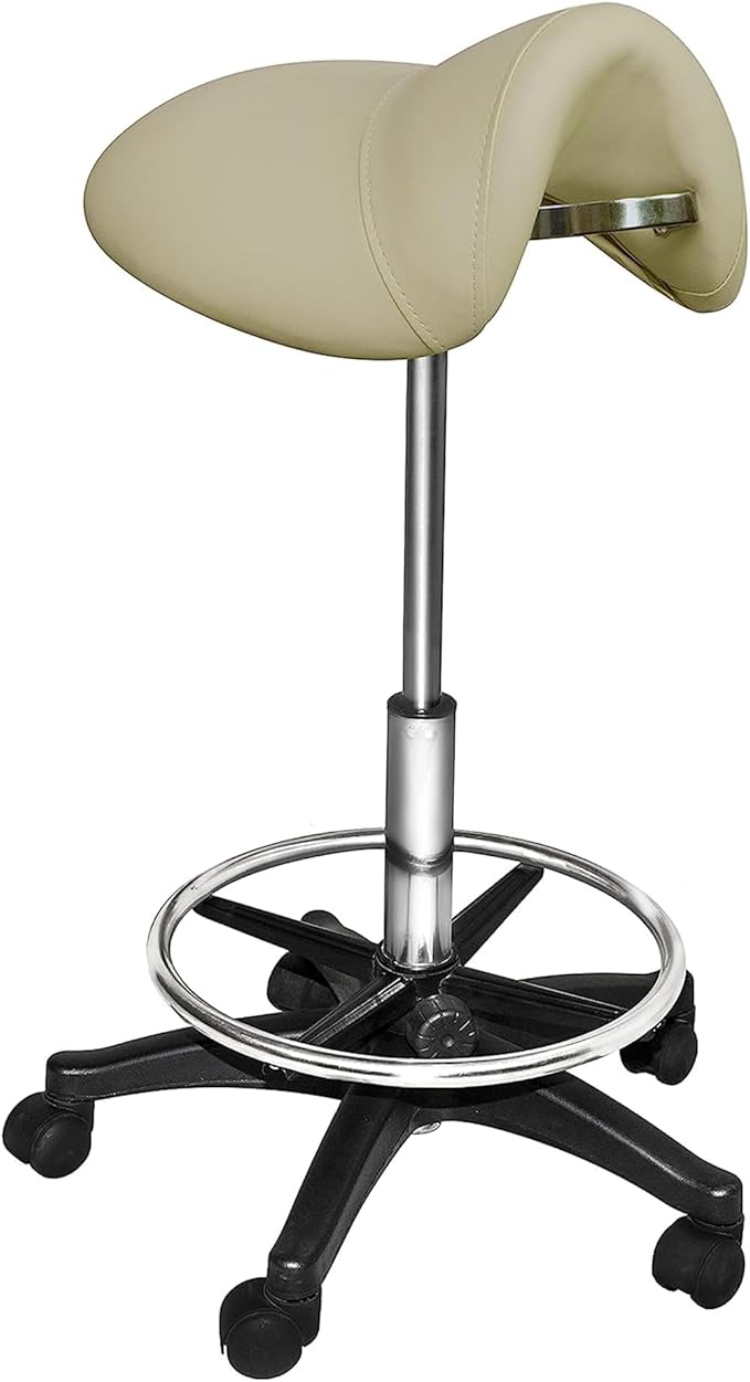 PureSana Chromium Professional James 360-Degree Full Rotational Saddle Cutting Stool with Adjustable Air Life Mechanism & Wheel Casters, Tan